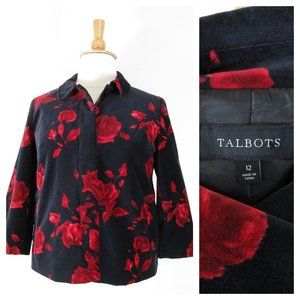 Talbots Black Red Floral Velvet Blazer Size 12 Formal Business Career